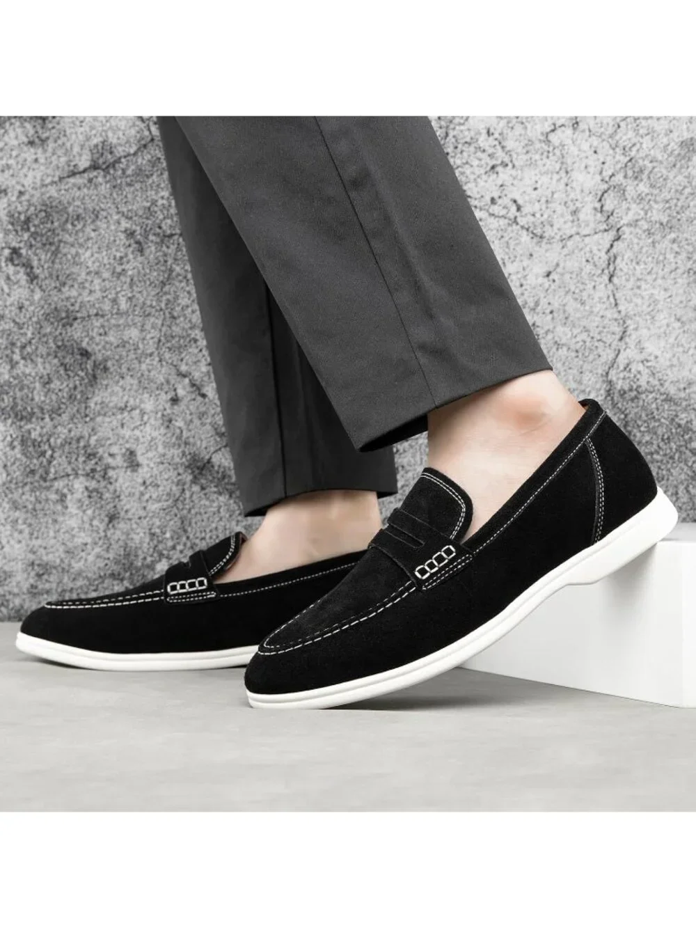 🆕Men's Black Leather Loafers Slip-On Moccasins Suede Dress Shoes Lightweight